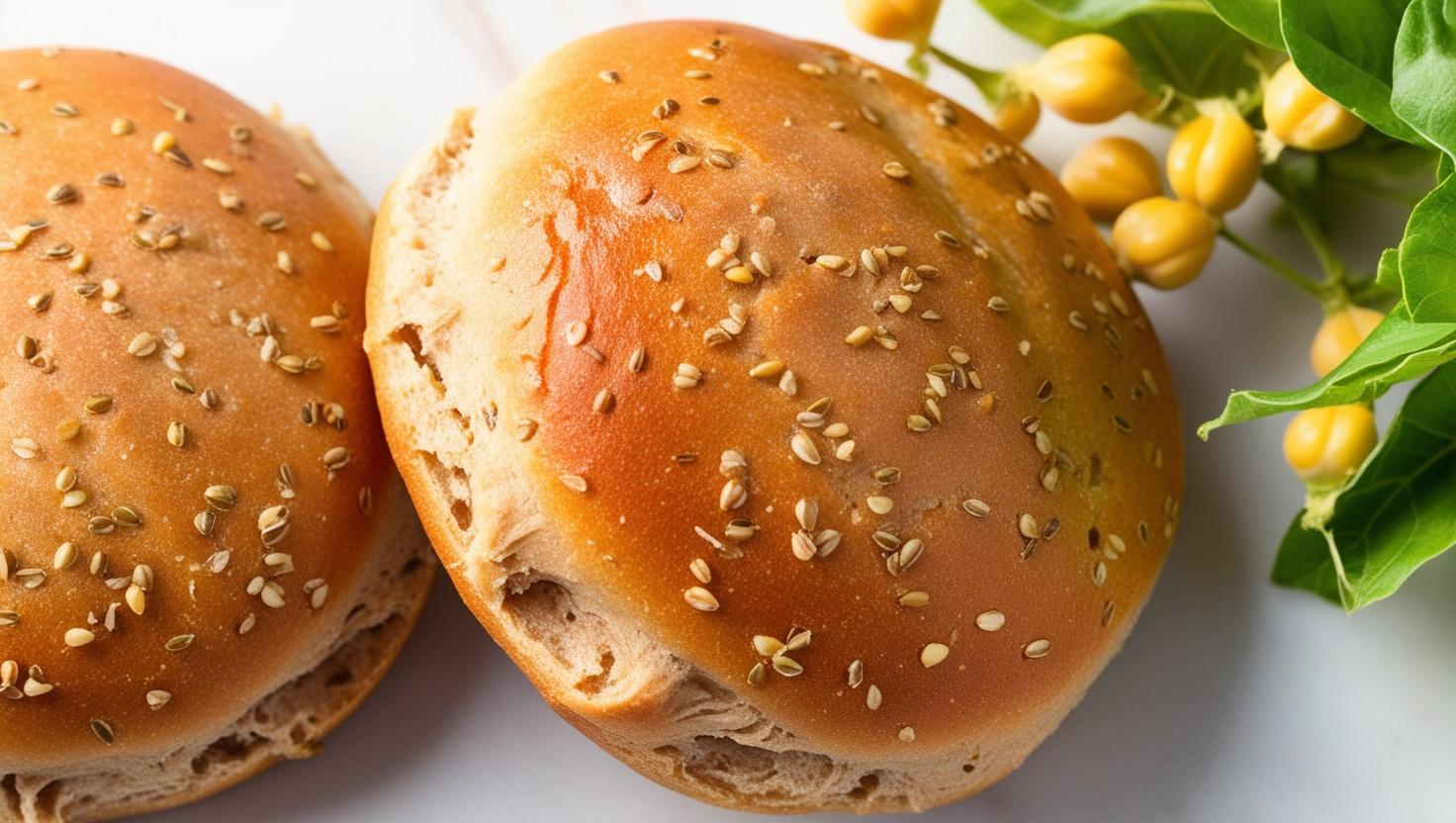 Chickpea humburger buns with ground flax seeds seen in the dough and more  edges gluten free with more yellow top